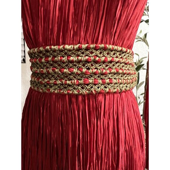 Vintage 1980s Mary McFadden Couture Pleat Gown Midi Red Gold Holiday Size 12 - Picture 3 of 9